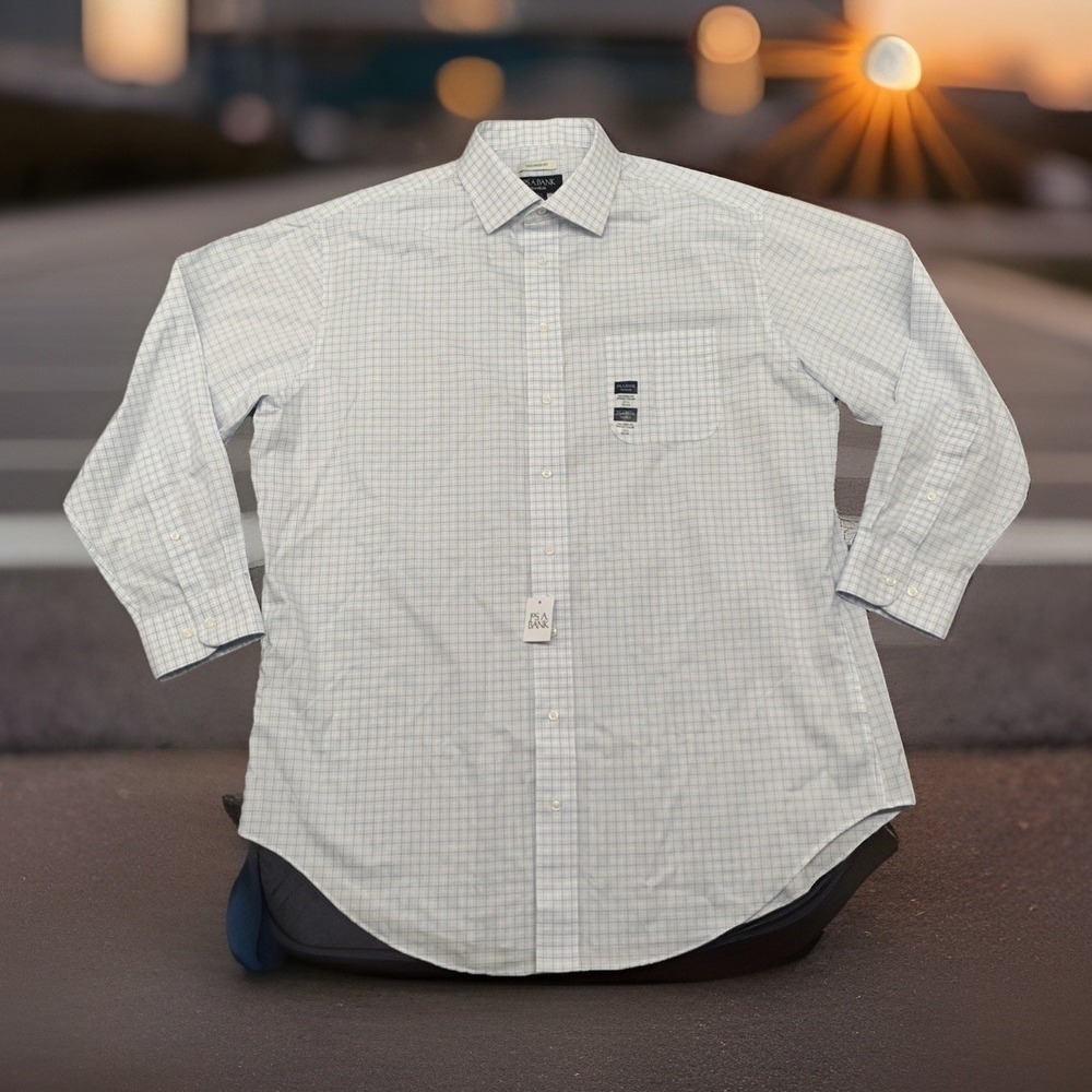 Jos. A Bank Traveler 17.5 32 Men's Tailored Fit Blue White Plaid Dress Shirt NWT